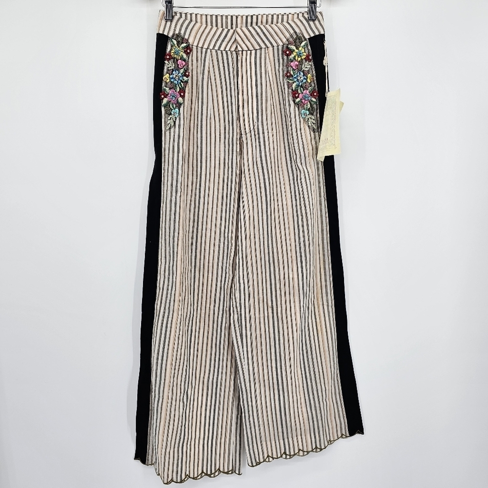 Aratta Stripe Embelllished Linen Blend Flowy Scalloped Hem Trouser Womens Xs